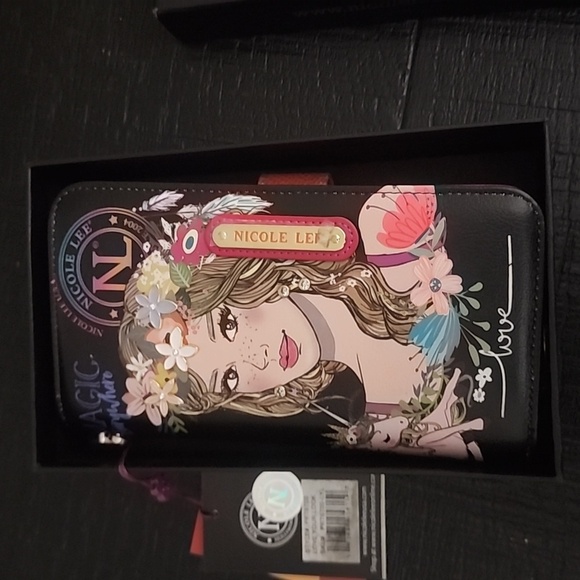 Nicole Lee Black Wallet with Colorful Floral Design and a Pair of Earrings - Picture 2 of 10